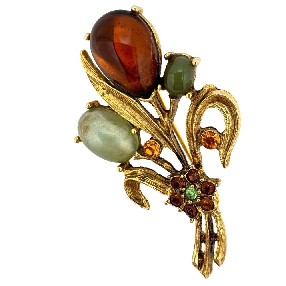 Floral Bouquet Brooch Amber Jade Glass Cabochons Gold Tone Rhinestone Flower Vtg